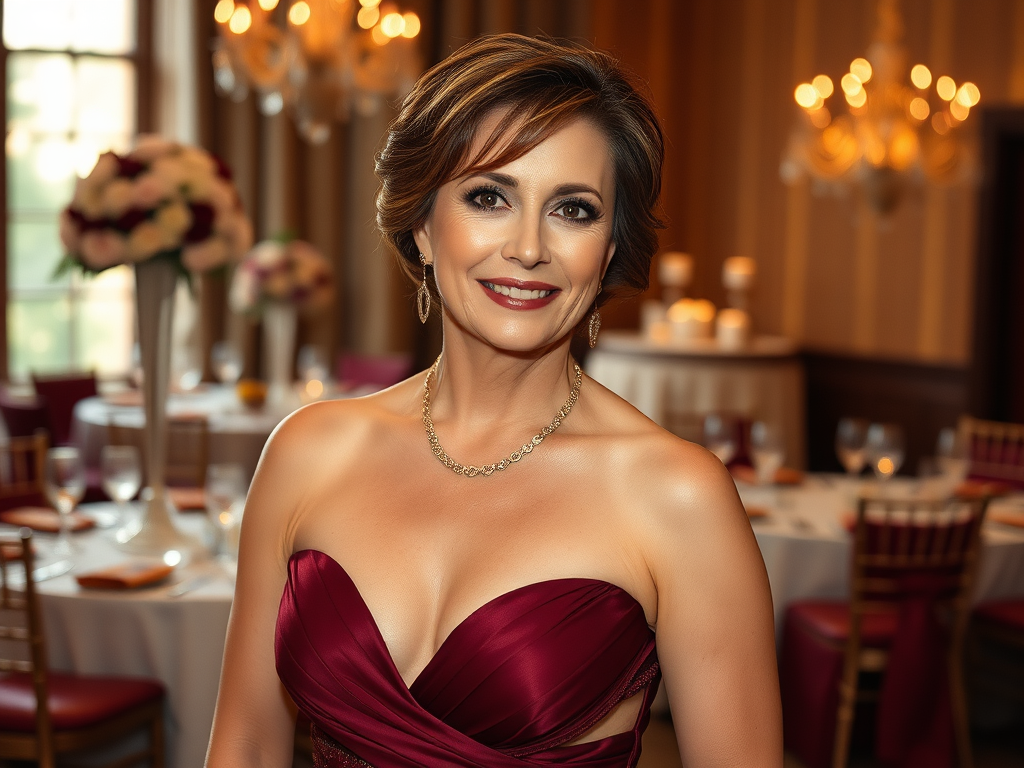 Kobieta w burgundowej sukni wieczorowej uśmiecha się w eleganckiej sali z dekoracjami i oświetleniem.